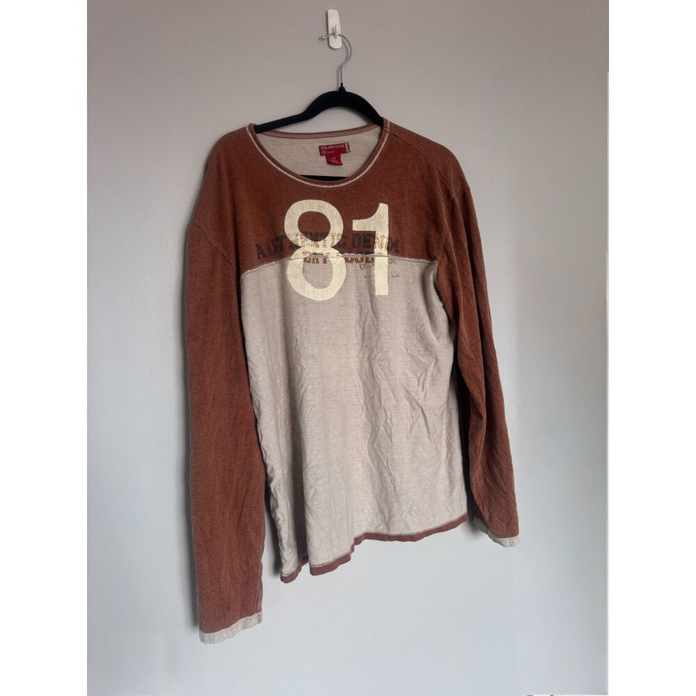 Vintage Guess Sports Tee Brown & Ivory Long Sleeve Sz L